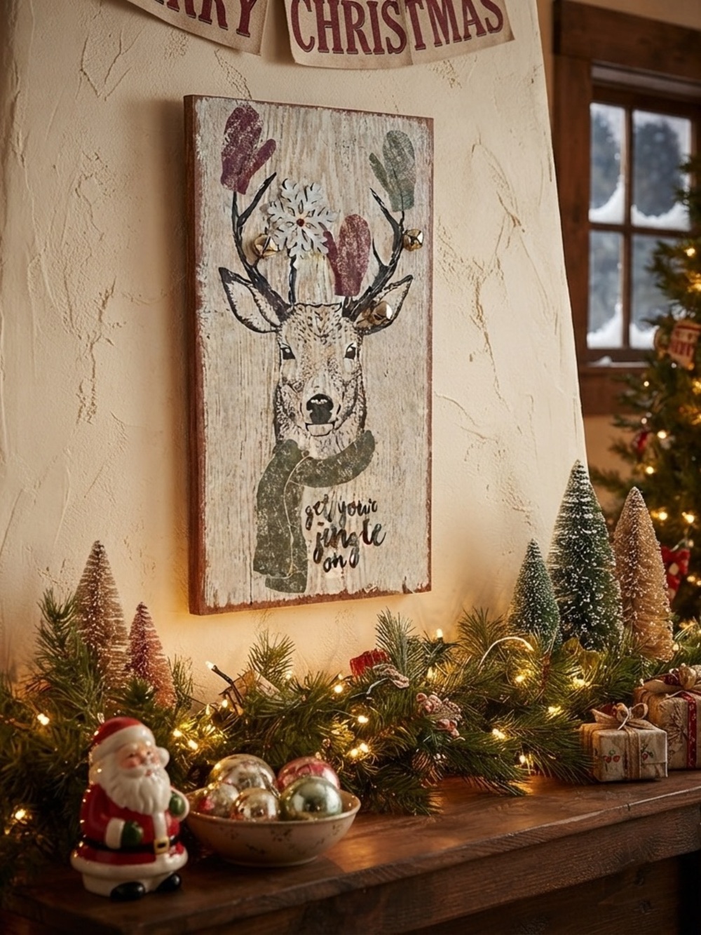Festive Darice Reindeer Wall Art with Mittens and Scarf  “ get your jingle on”